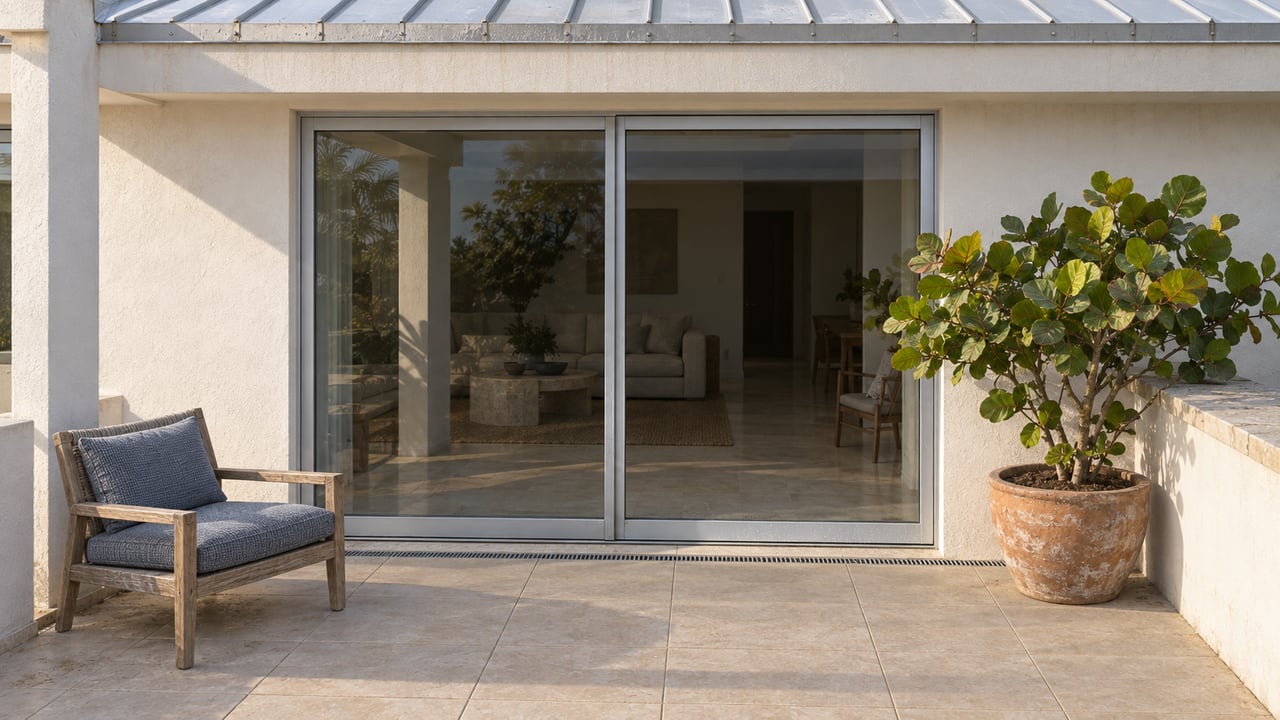Sunlit residential terrace with white stucco, closed sliding glass doors, a weathered teak chair and a potted sea grape tree.