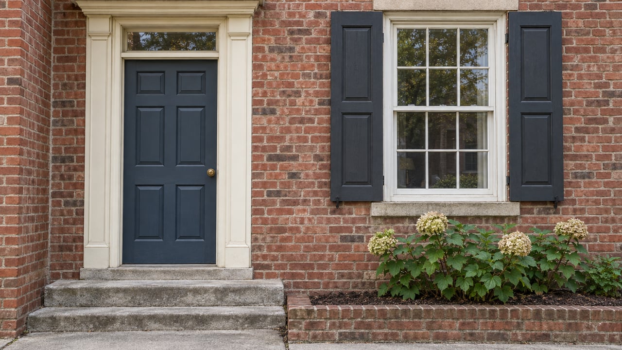 Close view of a blue paneled door and white sash window in a weathered red-brick home, with limestone entry steps and a hydrangea in a brick-edged bed.