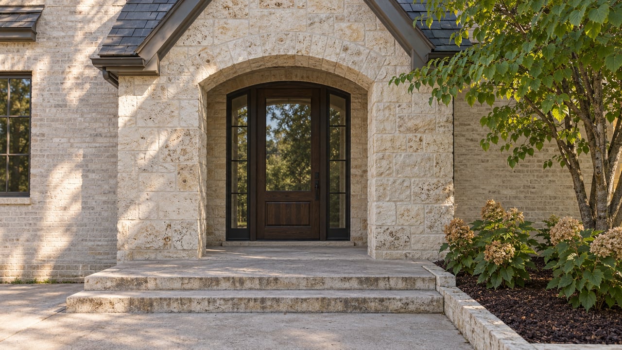 Limestone home entrance with an arched stone doorway, dark wood-and-glass door, and broad steps.