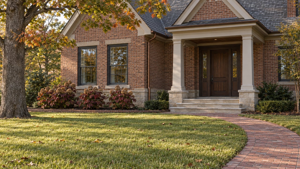 Late-afternoon light on a red-brown brick home with a covered stone porch, curved brick walk, and autumn oak canopy.