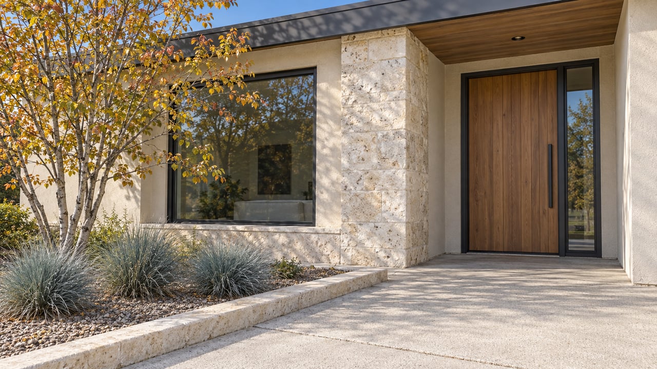 A recessed cedar entry beside dark-framed glazing and pale limestone, with an autumn serviceberry and blue fescue bordering a concrete approach.