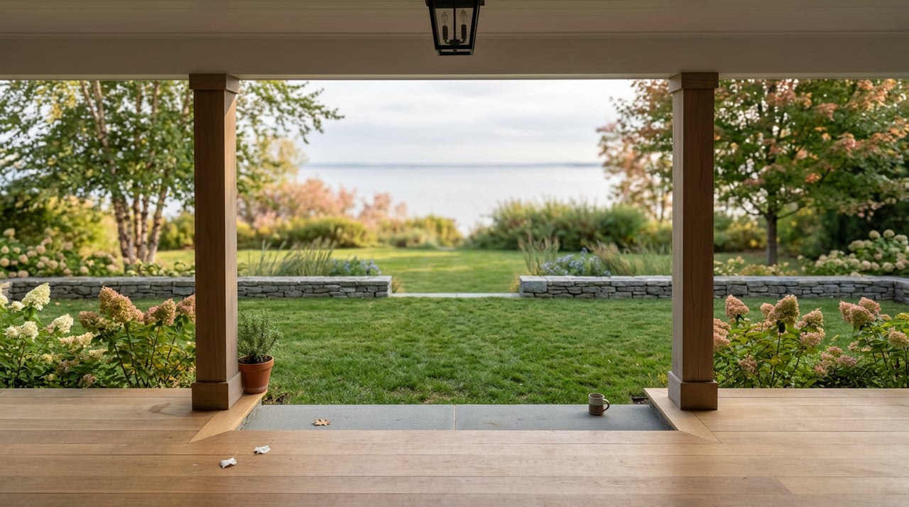 Porch framed by cedar posts overlooks lawn, stone terrace, calm water, and coppering shoreline foliage.