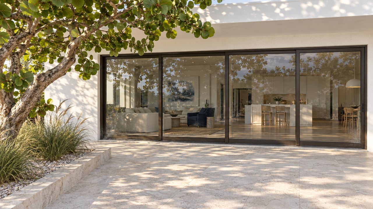 White stucco estate with closed bronze-framed glass doors, a limestone terrace, and a sea-grape tree in a planted bed.