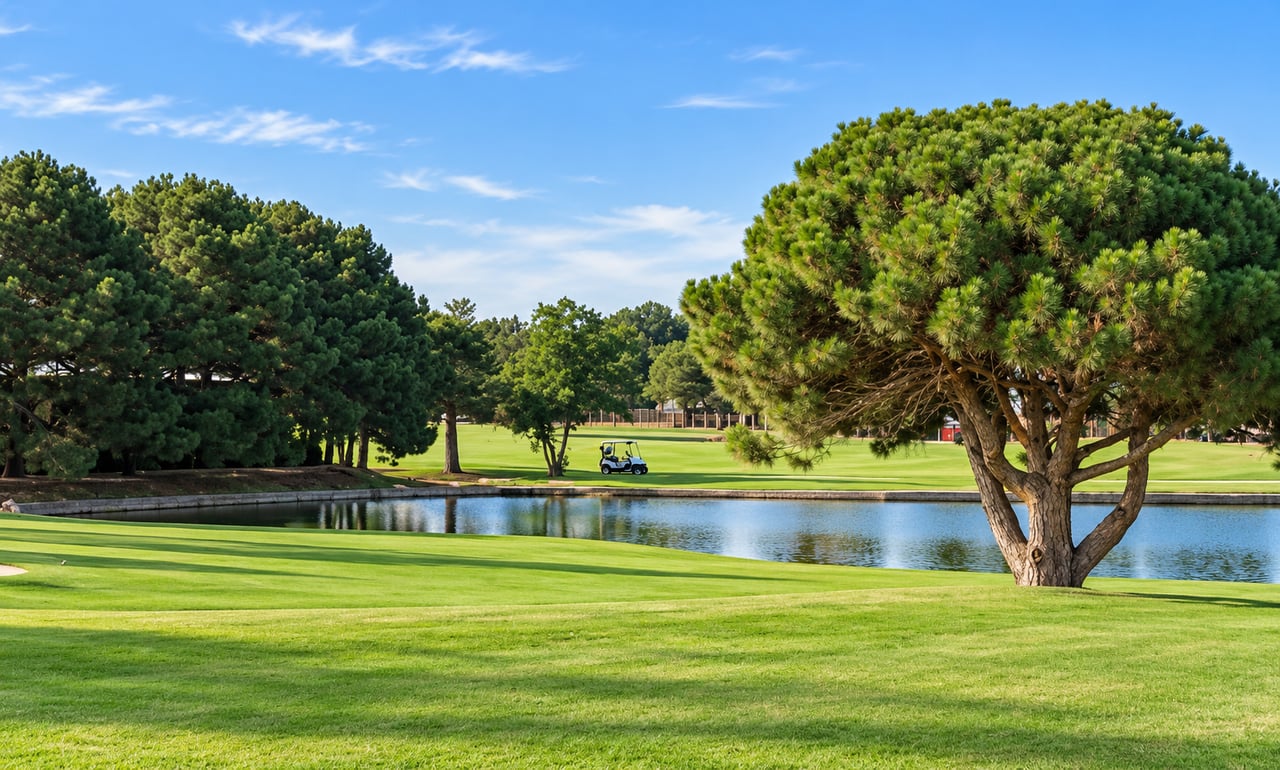 Golf course with a pond, broad green lawns, mature trees, and a golf cart.
