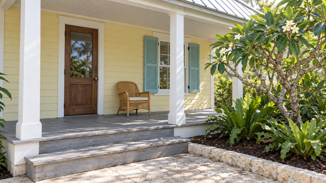 Yellow house with a covered porch, wicker chair, and tropical landscaping beside the stone steps.