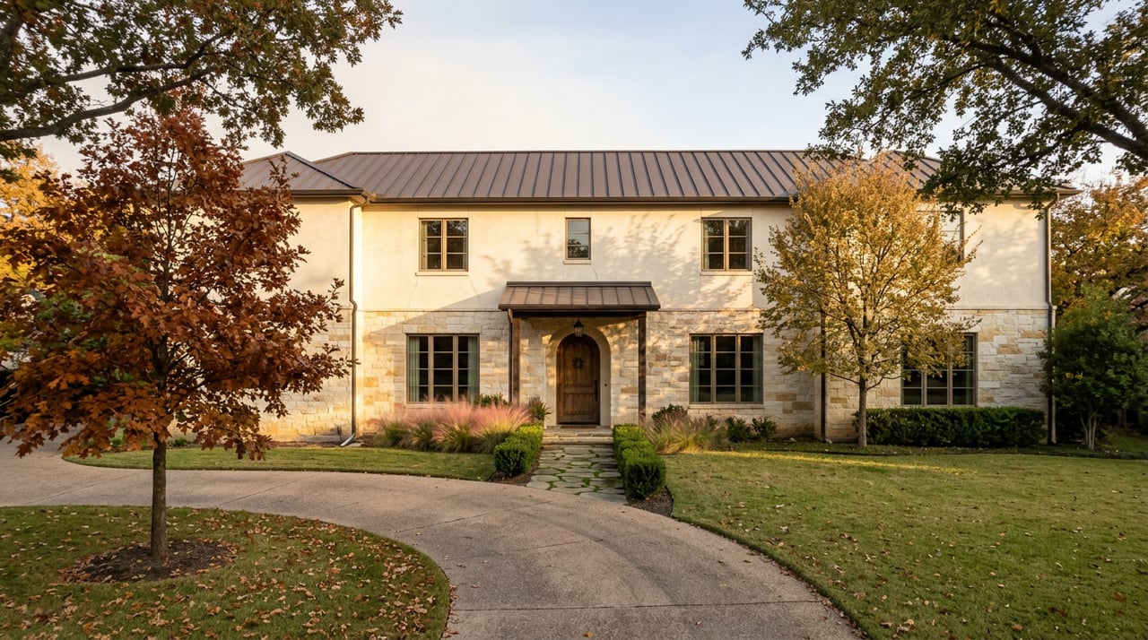 Two-story limestone-and-stucco estate with an arched entry, curved driveway, and russet autumn oak.