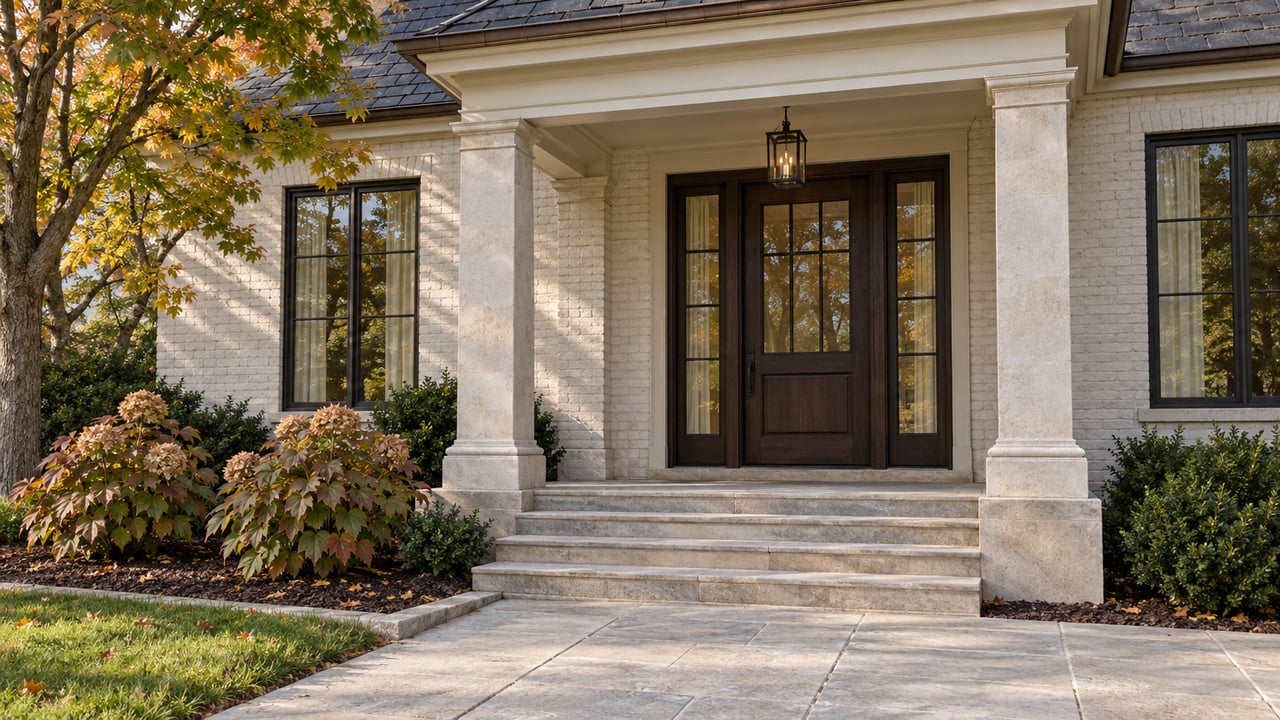 White brick home entrance with stone columns, broad steps, and autumn foliage.