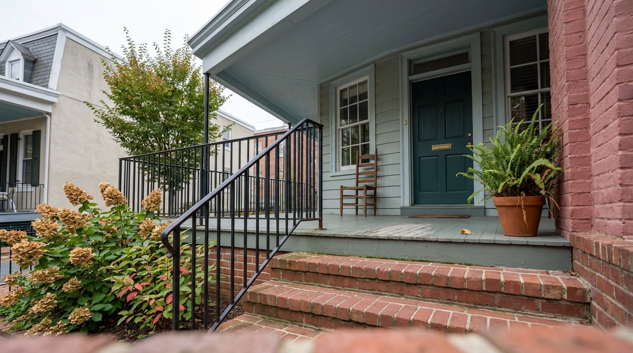 Brick stoop and black iron railing rise to a recessed porch with a green door, chair, and potted fern.