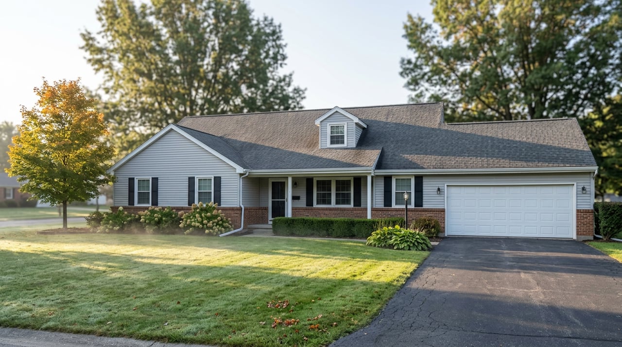 Expanded ranch home with gray siding, brick skirt, black shutters, and a two-car garage beyond a misty lawn.