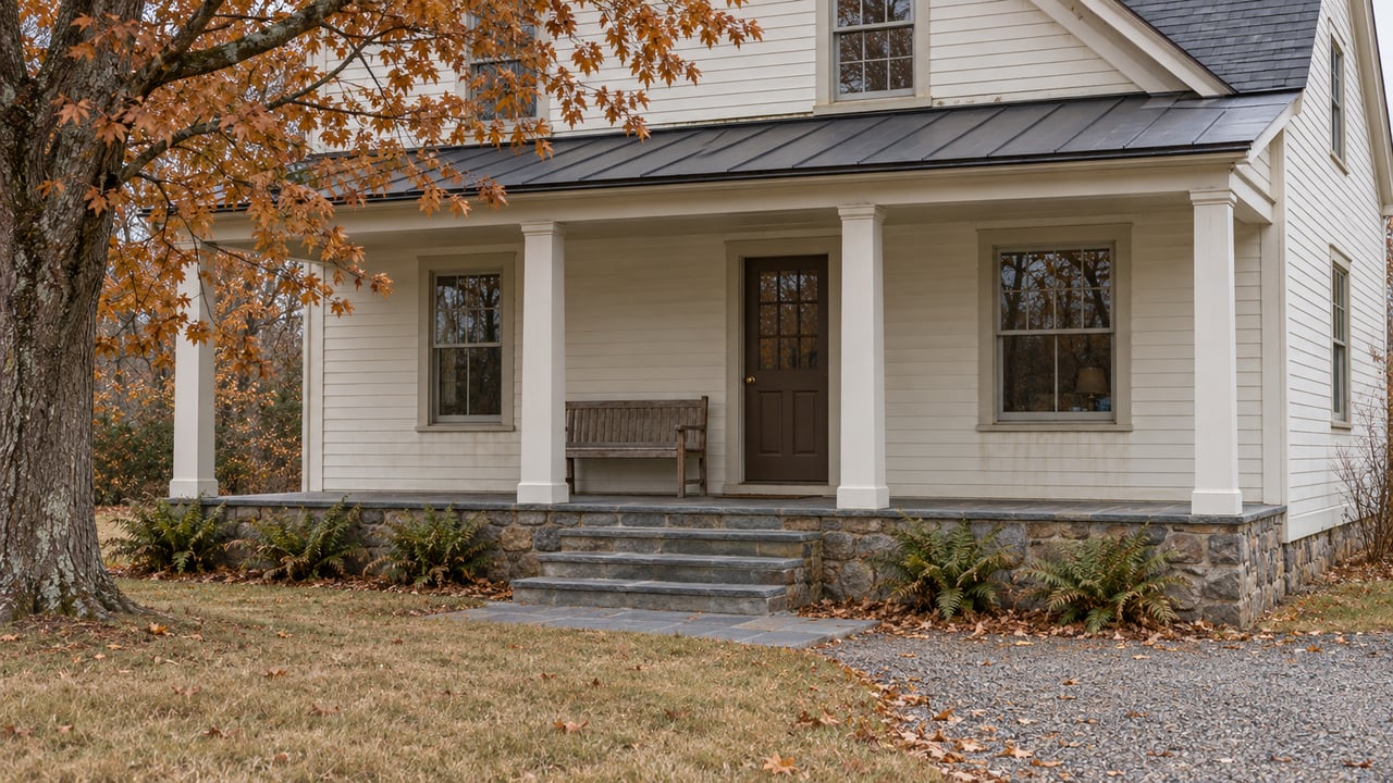 Off-white clapboard home with a covered bluestone porch, dark roof, oak bench and copper maple leaves beside a gravel approach.
