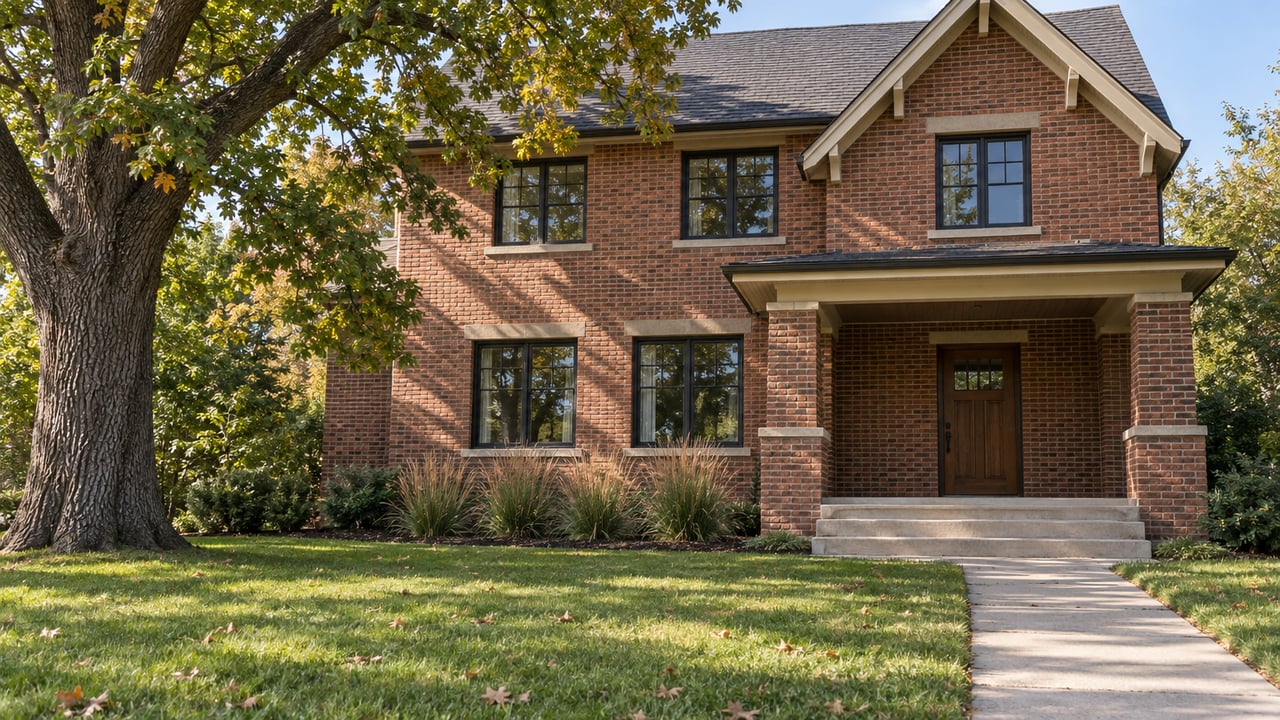 Brick gabled home behind a broad lawn, with a mature oak, dark-framed windows, and a concrete walk leading to a covered porch.