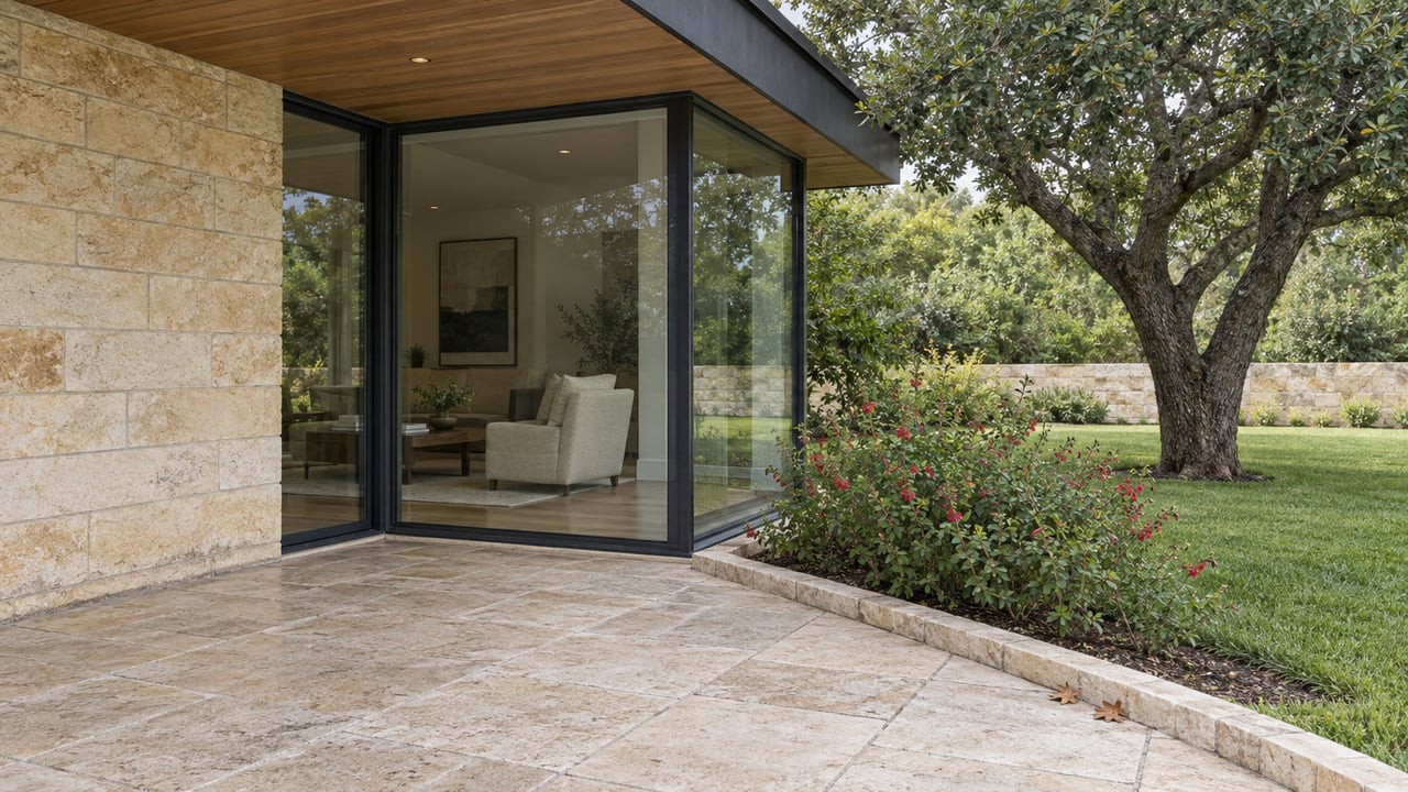 Covered limestone patio beside cedar soffits and dark-framed corner glazing, with a mature live oak and lawn beyond.