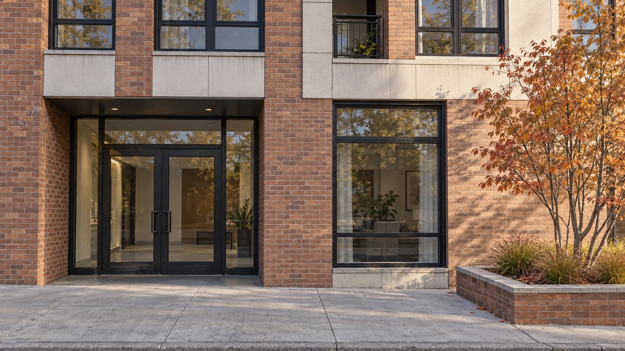 Brick apartment entrance with black-framed glass doors, a narrow balcony, and an autumn tree in a corner planter.