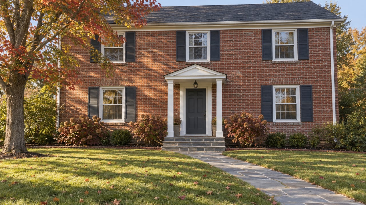 Two-story red-brick home with a bluestone front walk, broad lawn and autumn maple beside the entry.