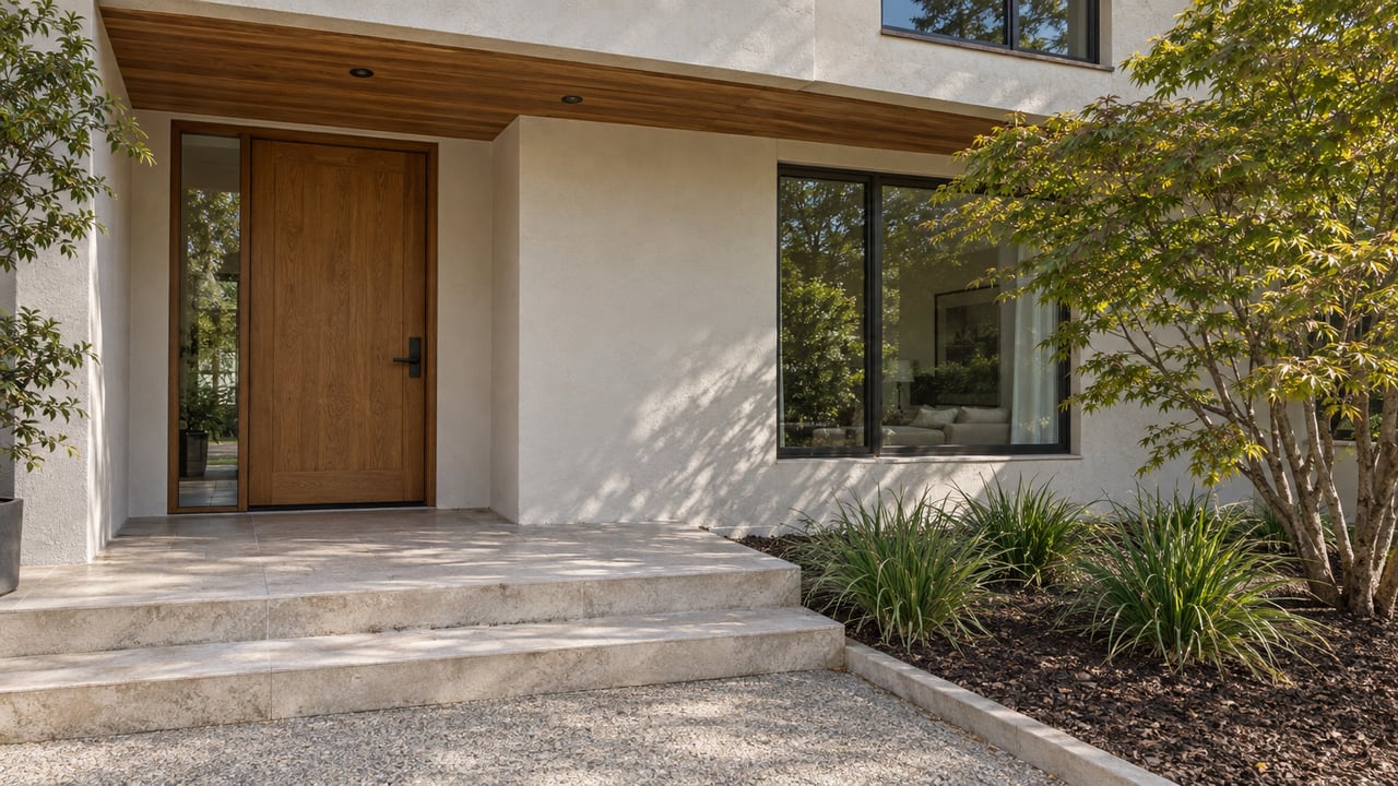 Contemporary stucco home entry with cedar soffit, oak door, limestone steps and a green Japanese maple beside a raised landing.