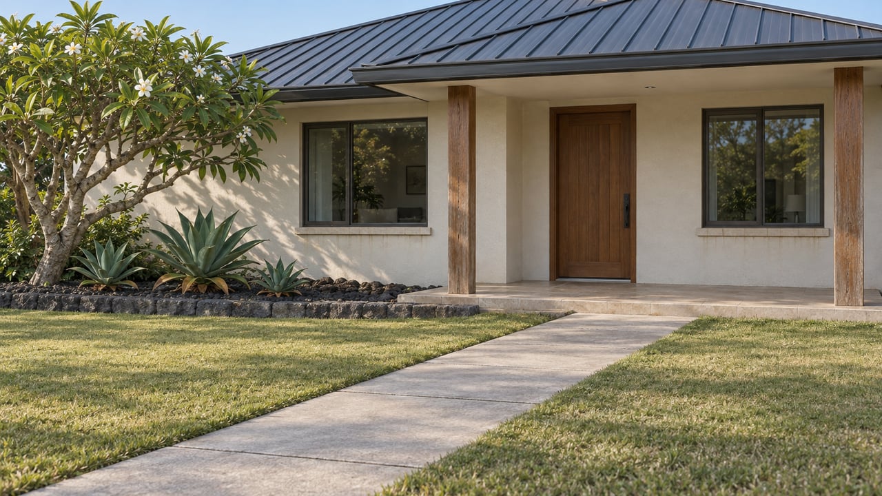 Single-story stucco home with a broad metal roof, shaded timber entry, deep lawn and a flowering plumeria beside a basalt planting bed.