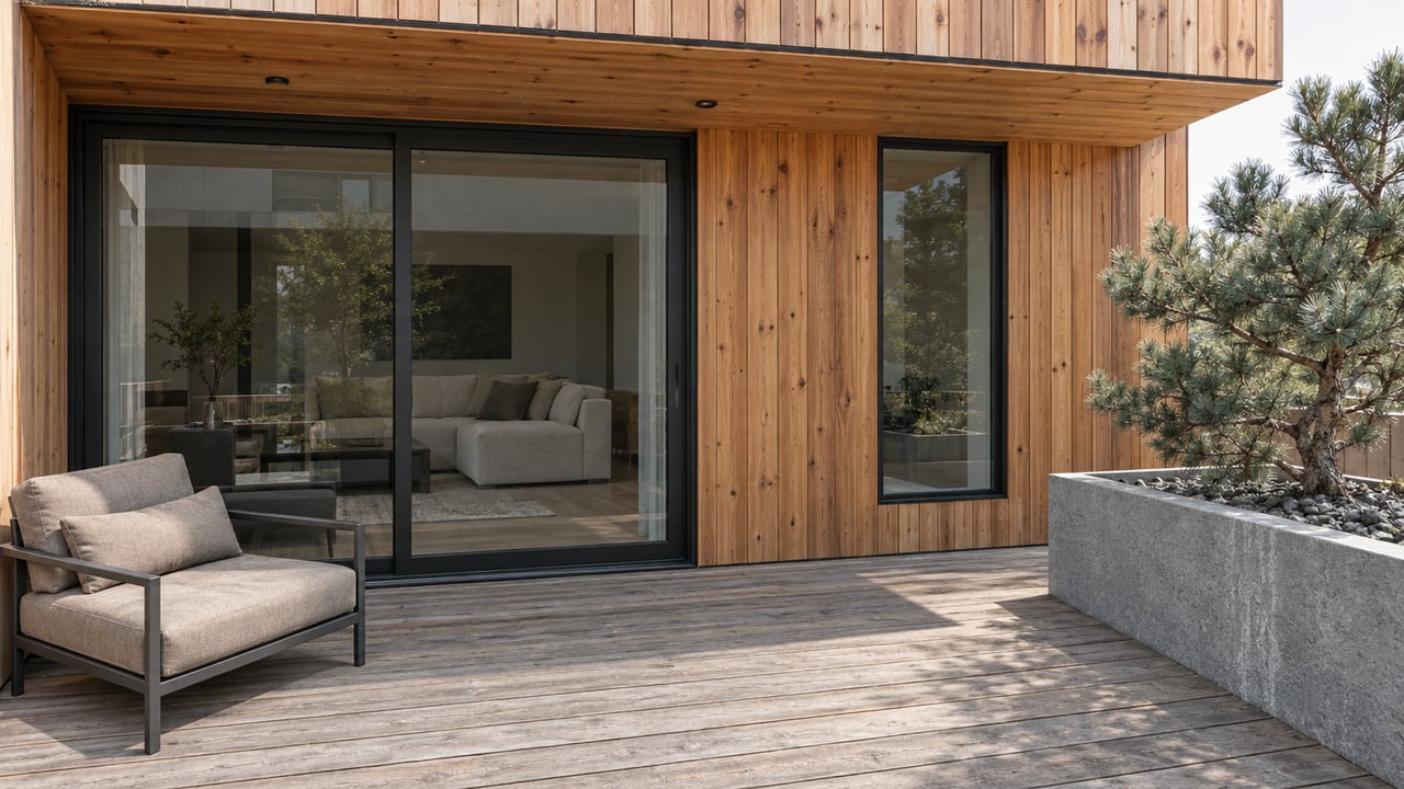 Cedar-clad residence opening onto a weathered wood terrace with a lounge chair and a small pinyon pine in a granite planter.