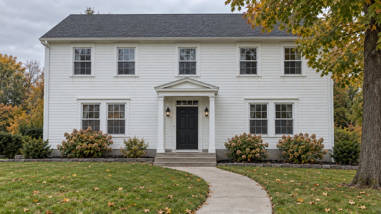 Ivory clapboard colonial with a black front door, curved concrete walk, broad autumn lawn and an amber sugar maple.