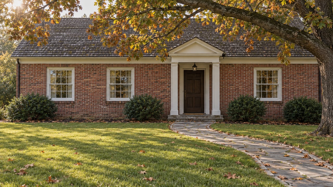 Traditional brick house with a curving flagstone path beneath an oak with copper, gold, and green leaves.