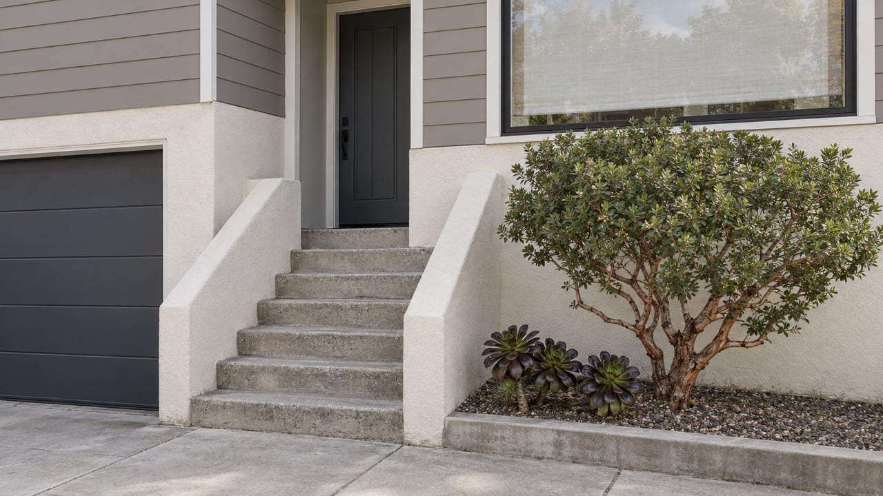 Updated gray-sided home with a raised charcoal entry, concrete steps, a large picture window, and sculptural planting in a curbed bed.