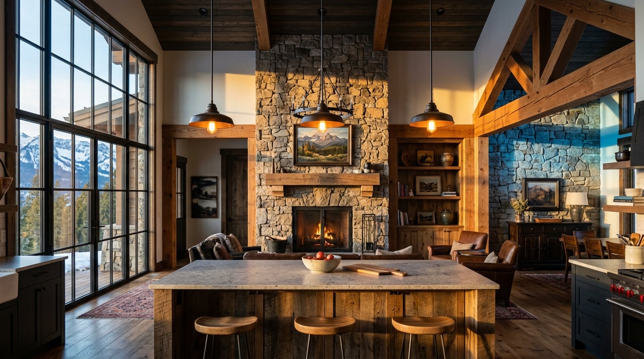 Mountain lodge great room with a stacked-stone fireplace, timber trusses, and a kitchen island lit by warm window light.
