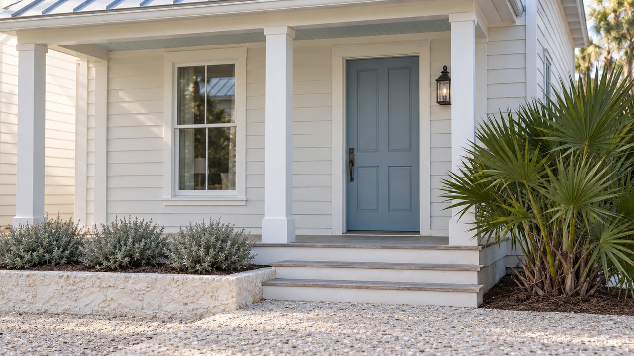Coastal cottage entry with a muted blue door, tall sash window, white columns, shell-aggregate steps, and low planting.