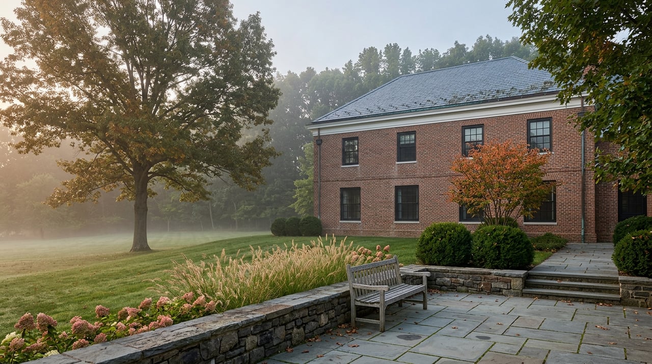 Brick estate with slate roof beyond a misty lawn, bluestone terrace, fieldstone wall, and bronze-tipped grasses.