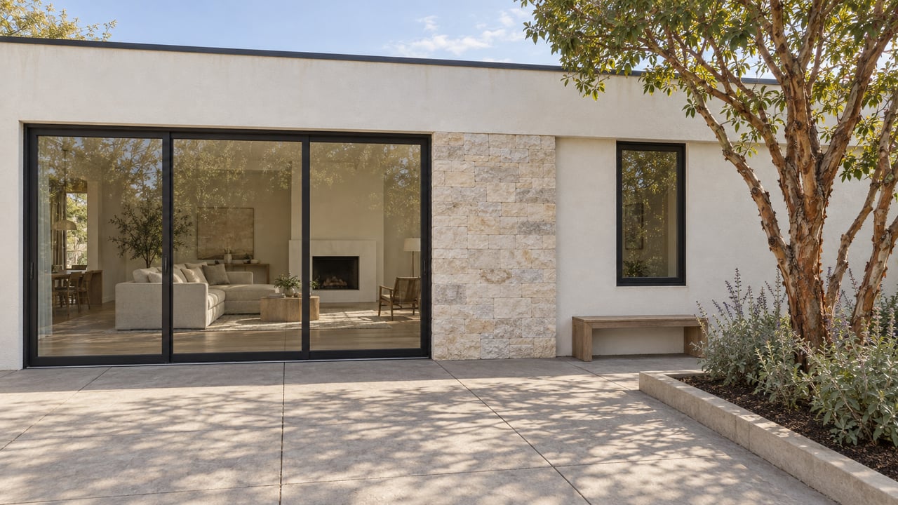 Contemporary stucco home's rear terrace with black-framed glazing, a limestone pier, teak bench and sculptural strawberry tree.