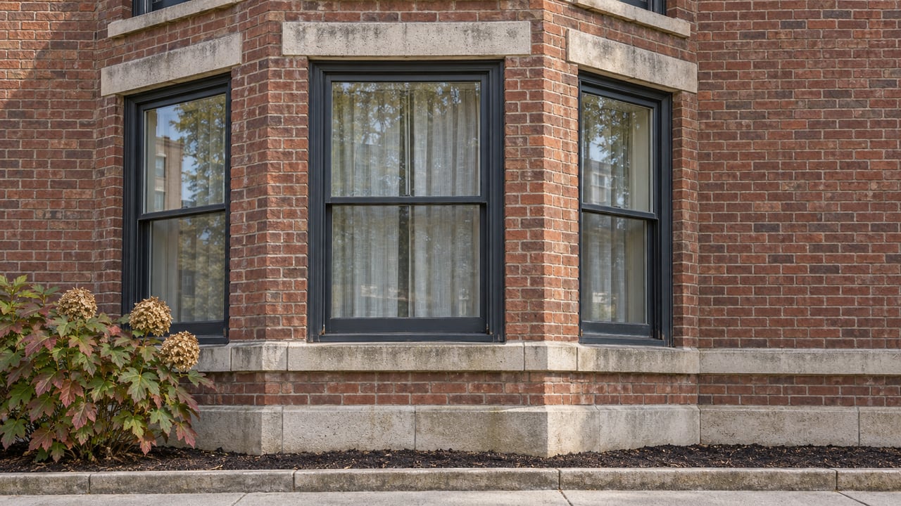 Close view of a red-brick condominium bay with charcoal window frames, limestone trim, and an autumn oakleaf hydrangea.