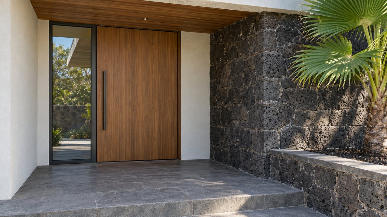 Covered home entrance with a teak door, glazed sidelight, volcanic-stone pier and a single fan palm above a stone landing.