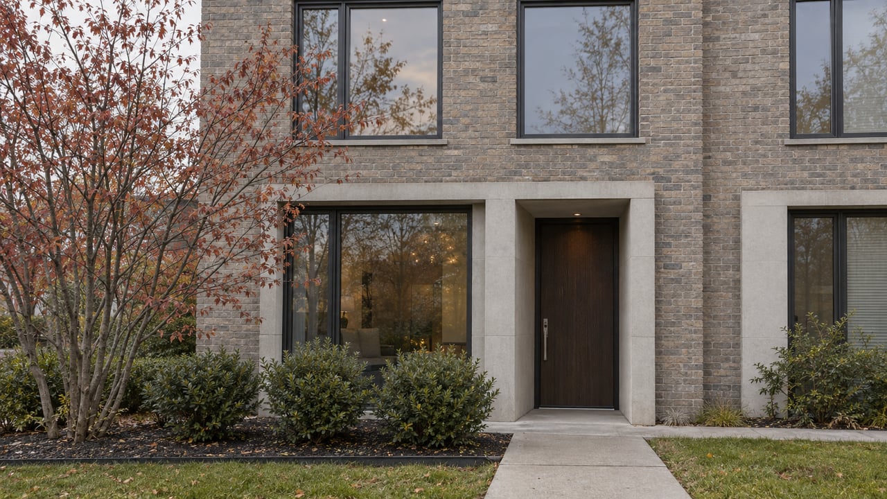 Warm gray brick home with a recessed oak door, dark-framed windows, and a small bed of shrubs and rust-red leaves.