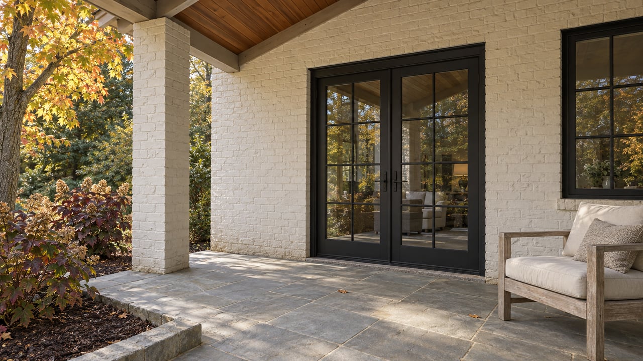 Covered terrace with warm painted brick, closed black-framed glass doors, cedar ceiling and a teak chair beside autumn maple and oakleaf hydrangea.