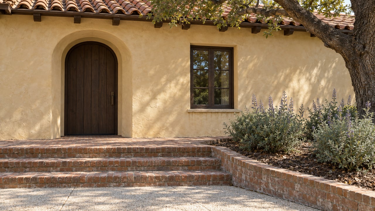 Home entrance with an arched dark wood door, brick steps, and a tree-shaded garden.