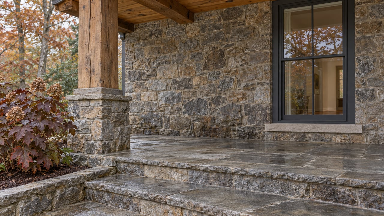 Rain-darkened stone porch wall, weathered oak support, and broad stone steps beside an oakleaf hydrangea with autumn leaves.