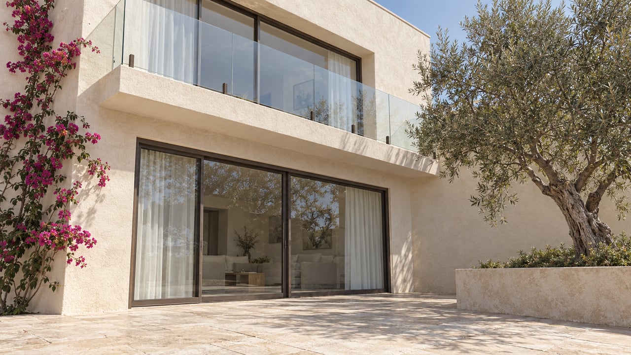Cream-stucco coastal home with glass balconies, a limestone terrace, olive tree, and magenta bougainvillea.
