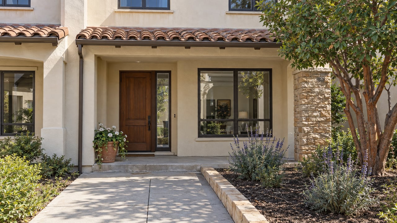 Cream stucco attached home with terracotta roof tiles, a recessed wood entry, sandstone pier and planted concrete approach.