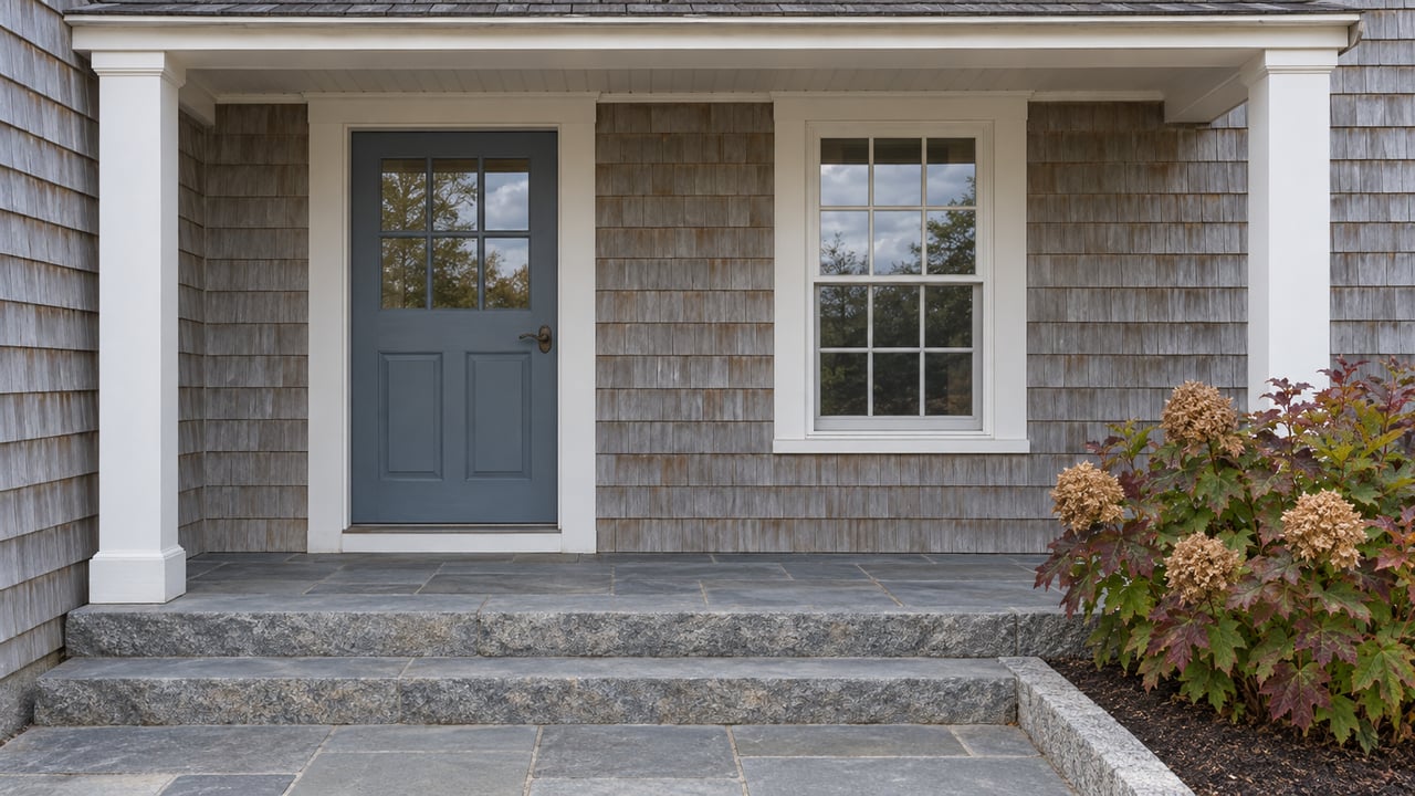 Weathered cedar-shingle house entrance with a blue-gray door, white divided-light window, stone steps, and autumn oakleaf hydrangea.