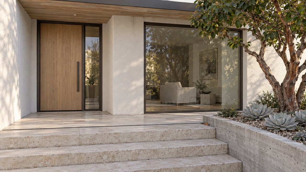 Warm-white stucco home with bronze-framed glazing, oak entry door and worn limestone steps beside a sculptural strawberry tree.