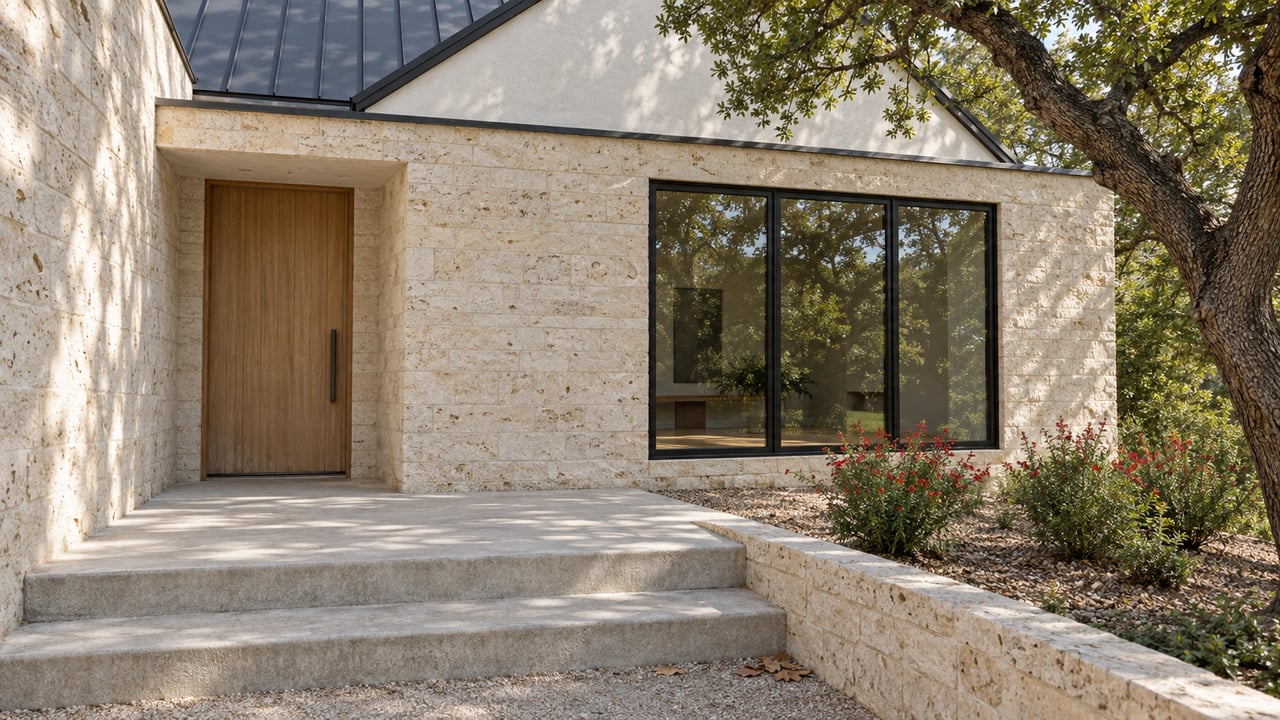 Limestone and white-stucco home entry with an oak door, black-framed glazing and broad concrete steps beside a mature oak.