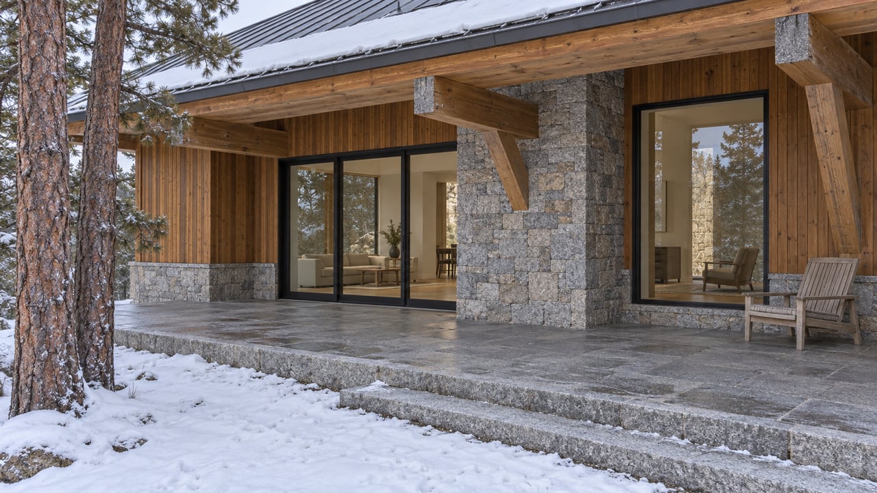 Snow rests beside a covered granite terrace with timber beams, cedar siding and closed bronze-framed glass doors.
