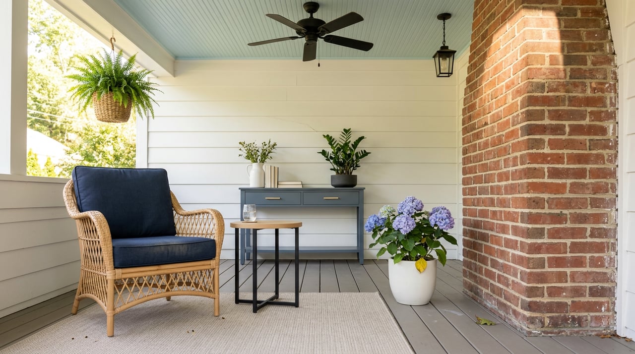 Wicker porch chair beside a blue-lavender hydrangea, brick column, and pale blue bead-board ceiling.