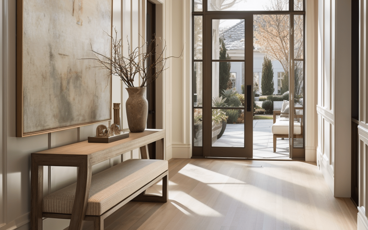 Furnished entryway with a wooden console and bench beside glass doors opening to a landscaped courtyard.