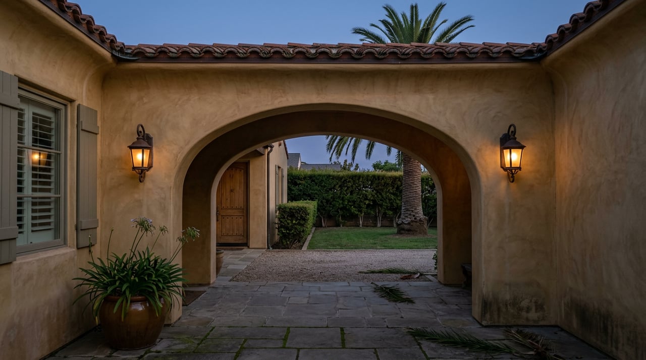 Stucco archway frames a dusk courtyard with a palm, clipped hedge, potted agapanthus, and glowing wall sconces.