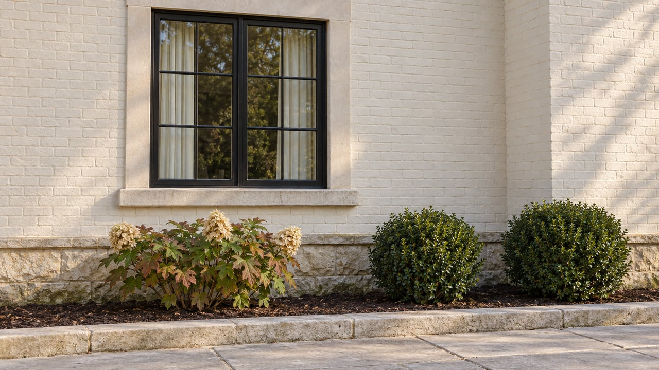 Morning light on a cream brick home with a black-framed window, limestone foundation and oakleaf hydrangea beside a stone approach.