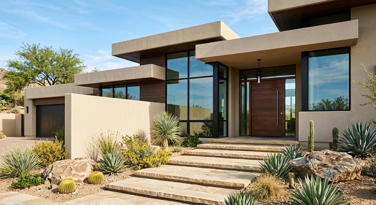 Modern desert home entry with a warm wood pivot door, limestone steps, black-framed glass, and sculptural cacti.