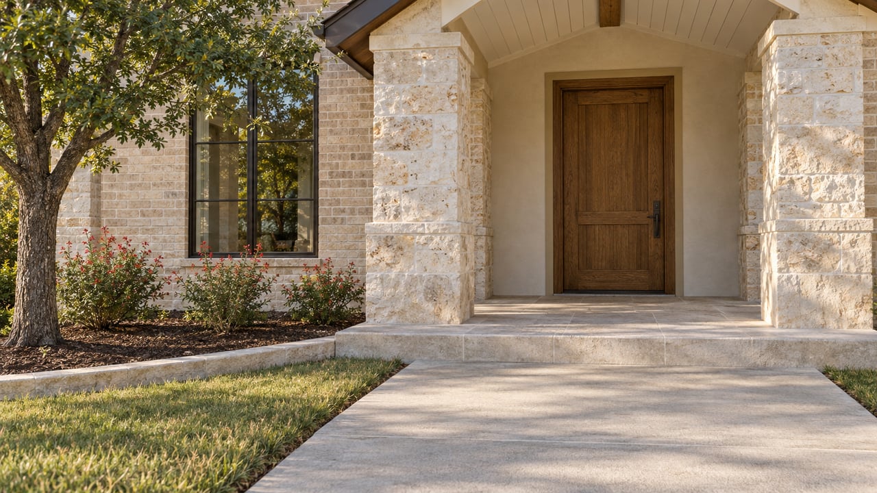 Sunlit limestone and ivory-brick entry with a closed oak door, a broad stone porch step and carefully spaced flowering salvia.