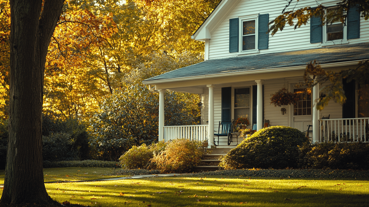 White two-story house with a columned porch surrounded by autumn trees and shrubs.