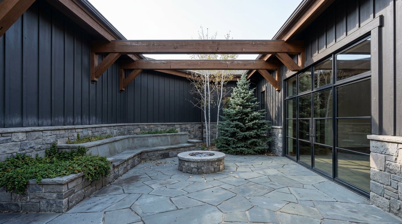 Stone courtyard with a circular fire feature and built-in bench beneath a timber breezeway, framed by spruce and aspen.