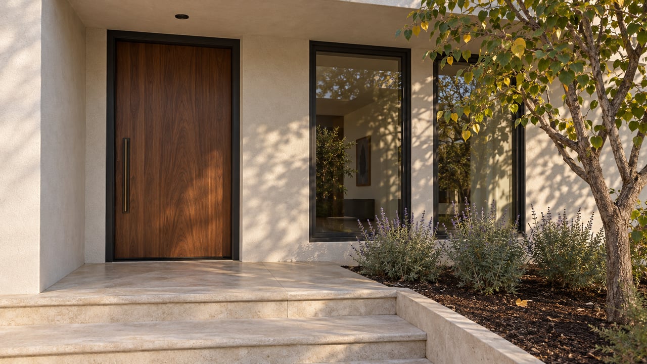 Sunlit stucco entrance with a walnut door, dark-framed windows, limestone steps, and a branching redbud tree.
