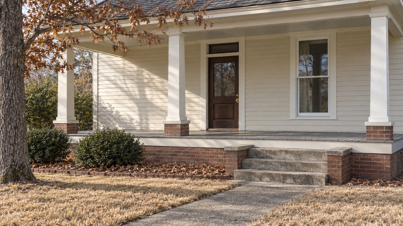 An ivory wood-sided house with a raised porch, oak entry door, brick foundation and a winter-tan front lawn in clear morning light.